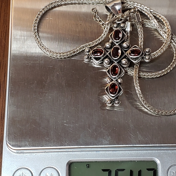 Sterling Silver Ornate Garnet Cross Necklace - Picture 7 of 16